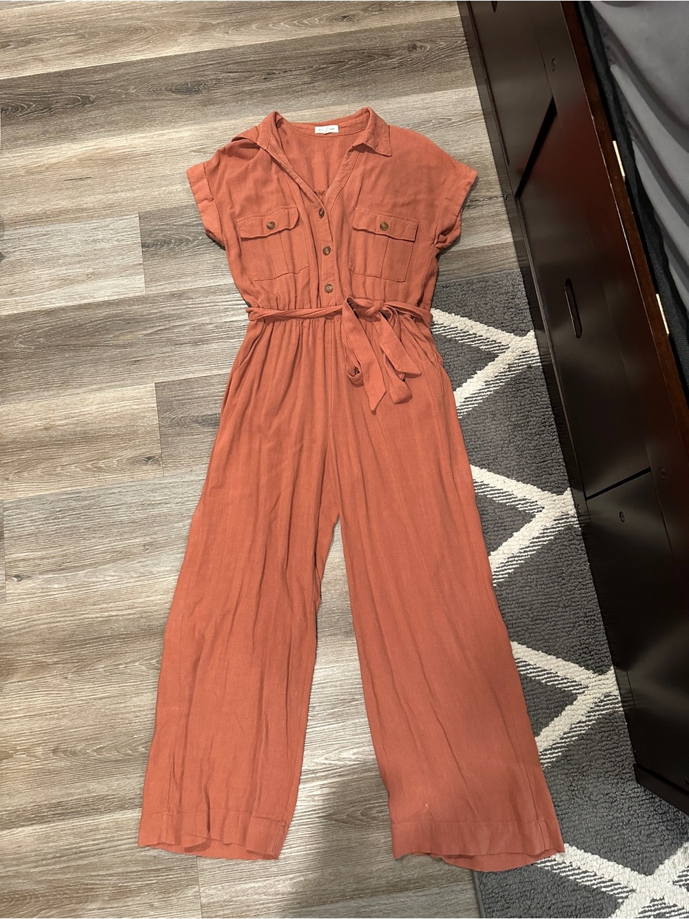 Blu Pepper Rust-Orange Button Front Wide-Leg Jumpsuit with Tie Waist